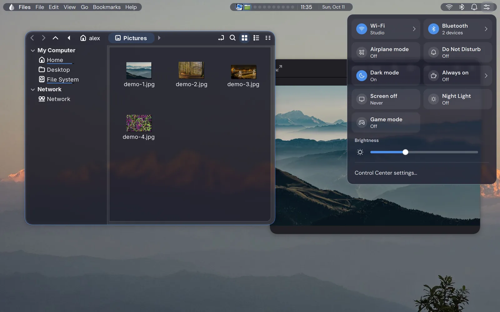 The Control Center in dark mode, a glass panel with quick switches and sliders over an open window.