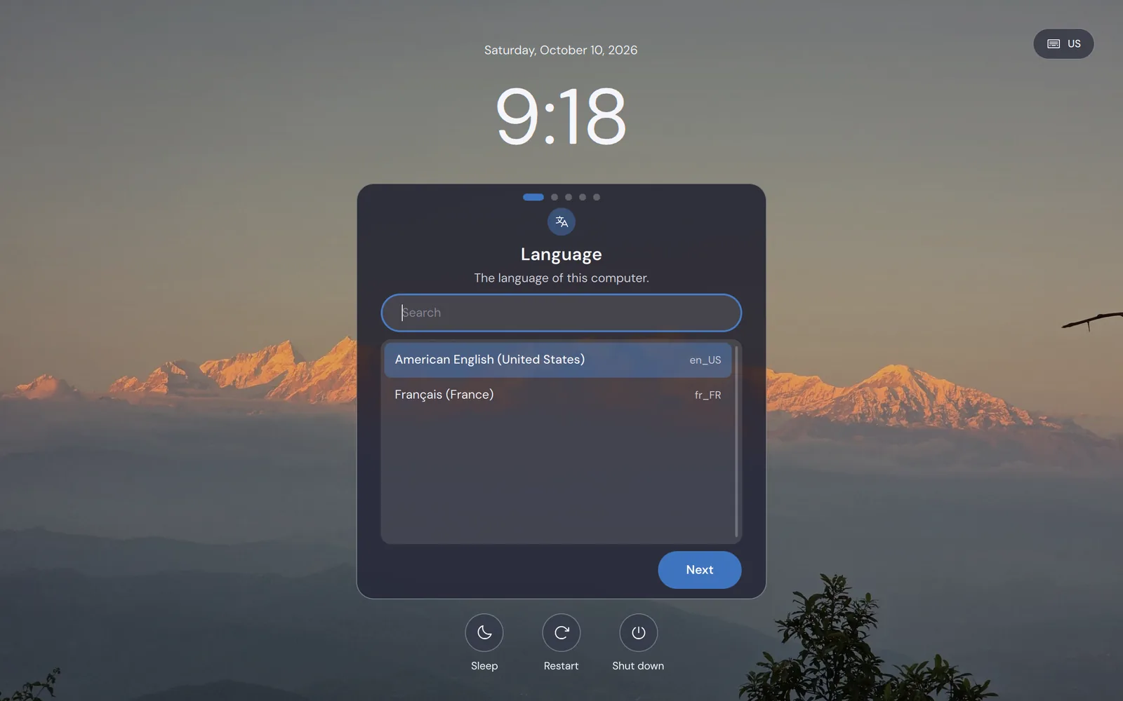 The first-start assistant asking for the language of the computer.