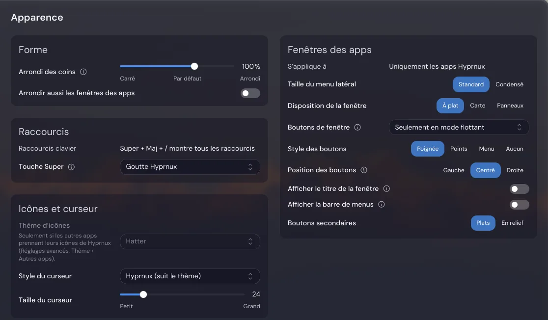 La page Apparence de Réglages : l’arrondi des coins, les raccourcis, les icônes et le curseur, et les fenêtres des apps, chaque option dans sa carte.
