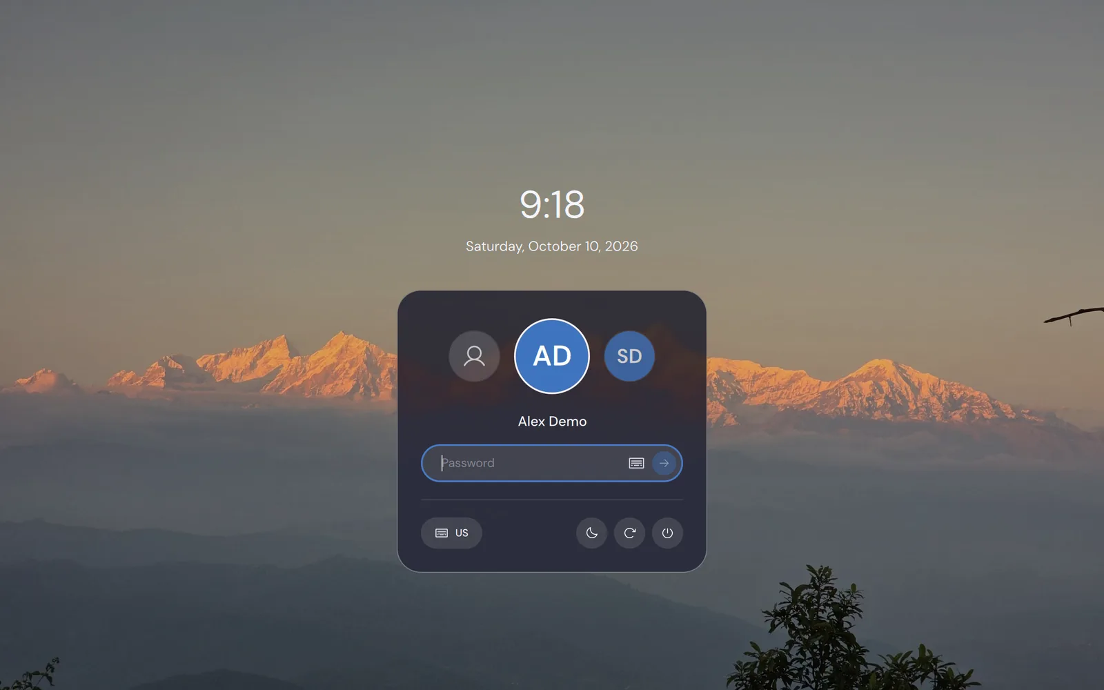 The login screen over the wallpaper, with a clock, the accounts and a password field.
