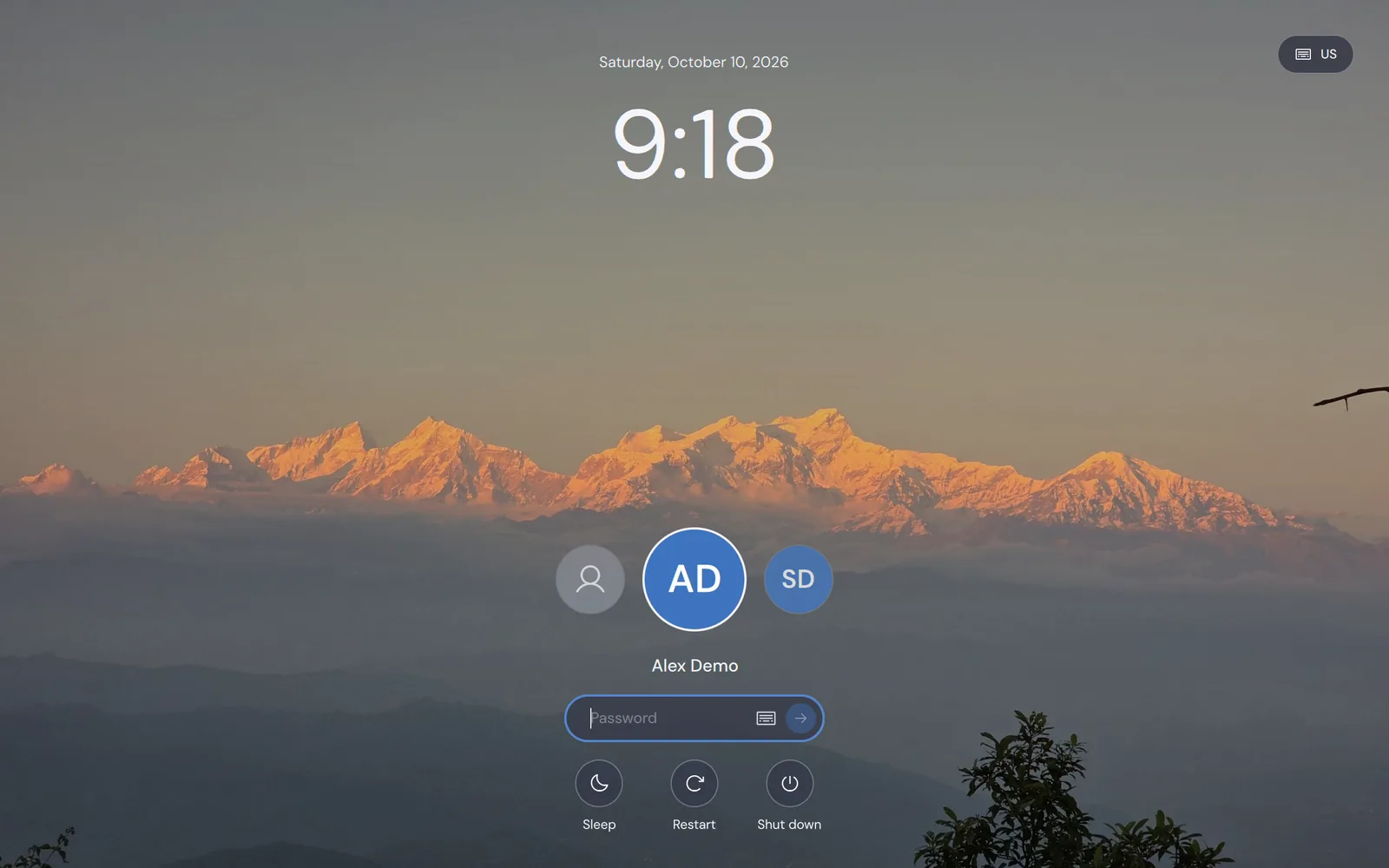 The login screen with a big clock at the top, the accounts and a password field low on the screen, and the sleep, restart and shut-down buttons with their names.