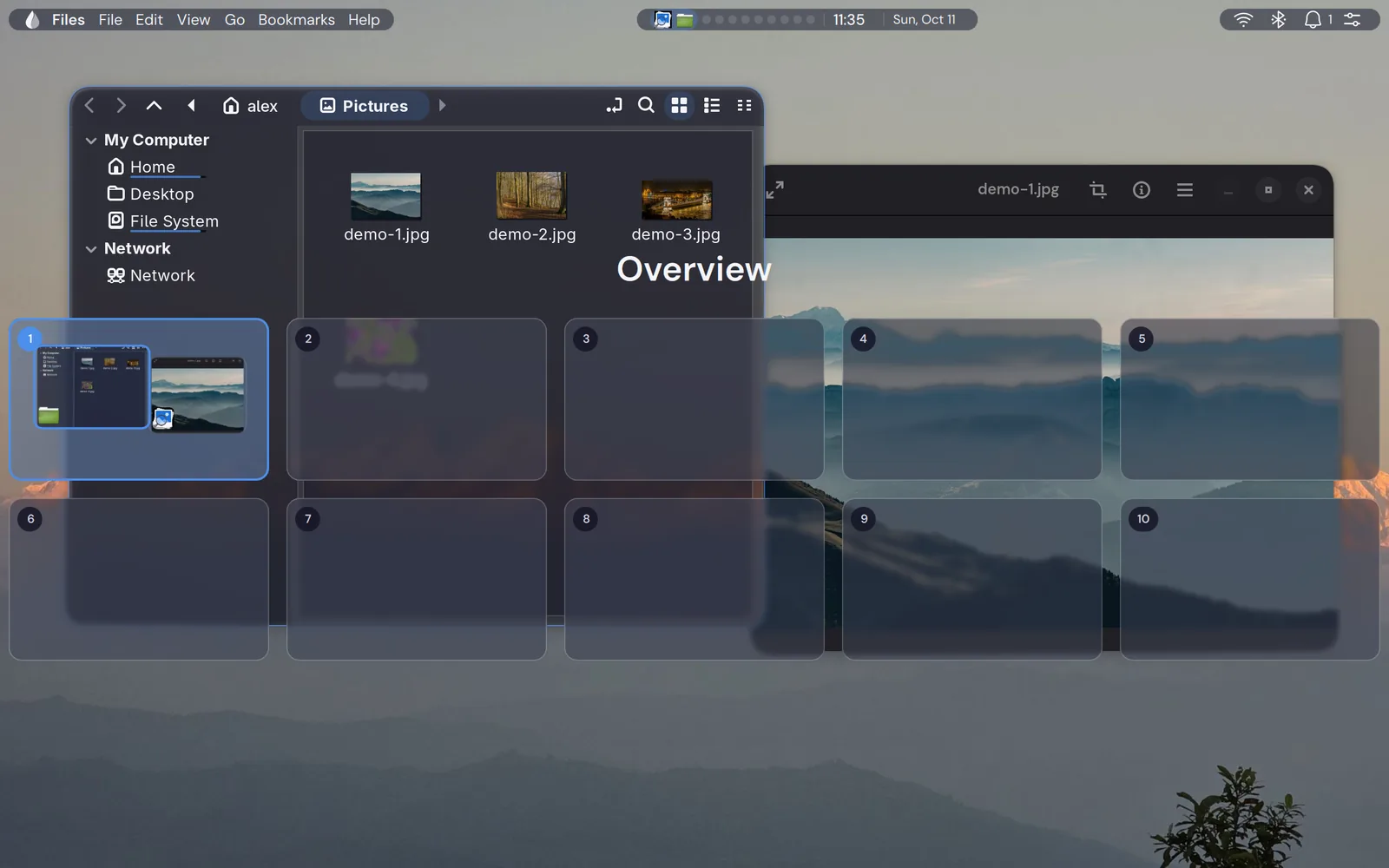 The overview: every workspace and its windows as tiles, with the bar above.