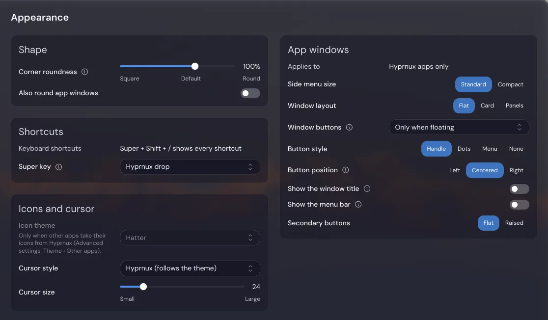 The Appearance page of Settings: the corner roundness, the shortcuts, the icons and cursor, and the windows of the apps, each option in its card.