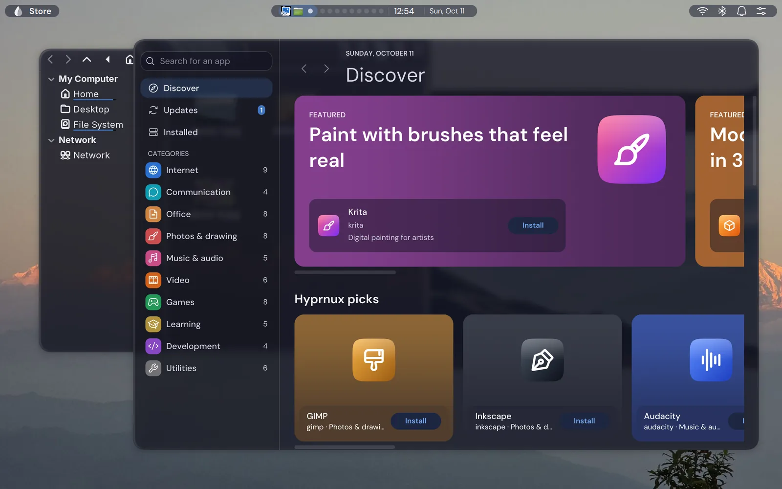 The Store open on Discover over a file manager: a search field and the categories on the left, a featured app and a row of apps on the right.
